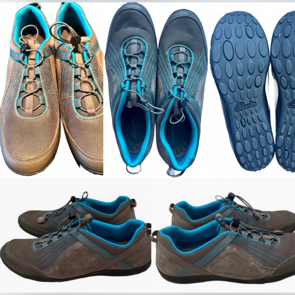 Clarks Privo Slip On Sneakers Leather Suede Teal Gray Hiking Shoes (11) NWOT